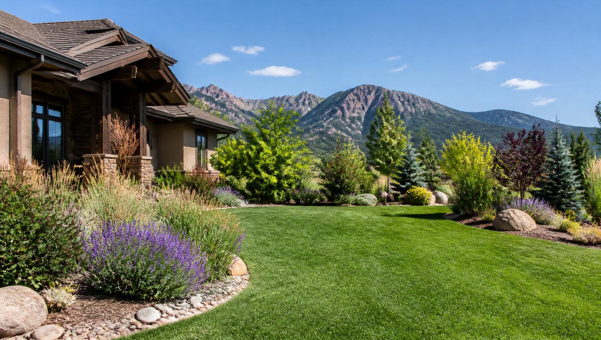 A beautifully landscaped residential yard in Colorado Springs with green lawn, native plants, and mountain views